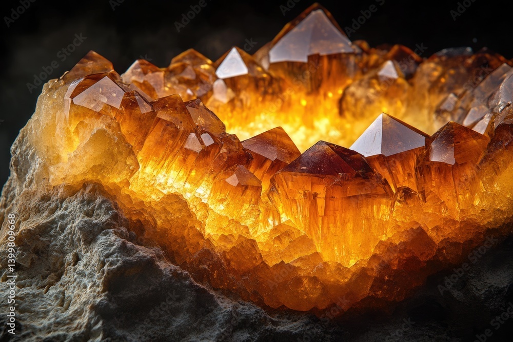 Poster luminous amber quartz geode, showcasing vibrant crystals embedded in a rough rock matrix.