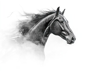 Obraz premium Majestic black stallion running, windswept mane, white background, equestrian art