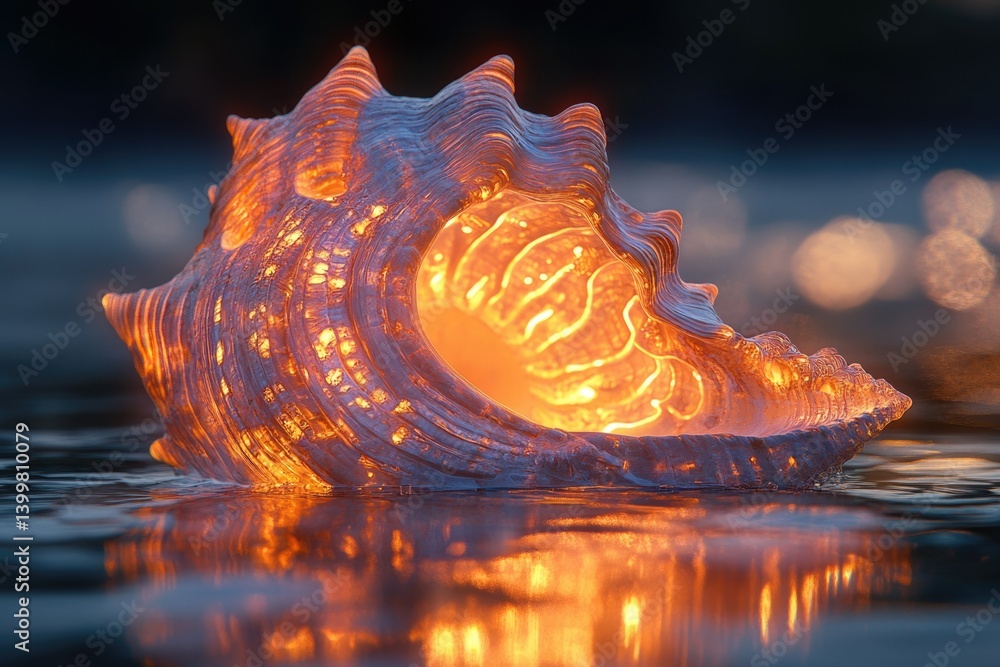 Poster a luminous seashell glows with inner fire, reflecting on calm water at sunset.