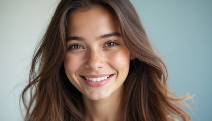 Naklejka premium A cheerful young woman with long, flowing hair beams with a genuine smile, radiating positivity and warmth. Her bright eyes and glowing skin create an inviting atmosphere, making this image perfect