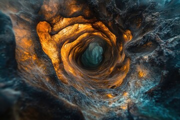A mesmerizing spiral rock formation, glowing orange within a dark, textured cave.