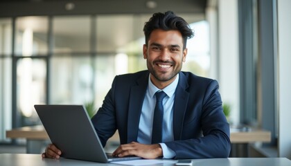 Fototapeta premium A cheerful young man in a sharp suit sits at a sleek desk, exuding confidence and professionalism as he engages with his laptop. The bright, contemporary office setting enhances the atmosphere of