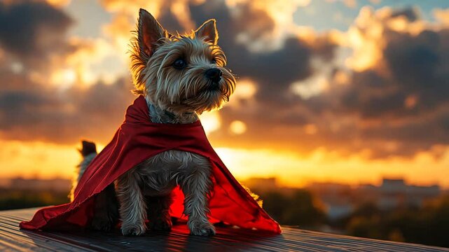 Adventurous dog in a red cape enjoying a sunset view on a rooftop.