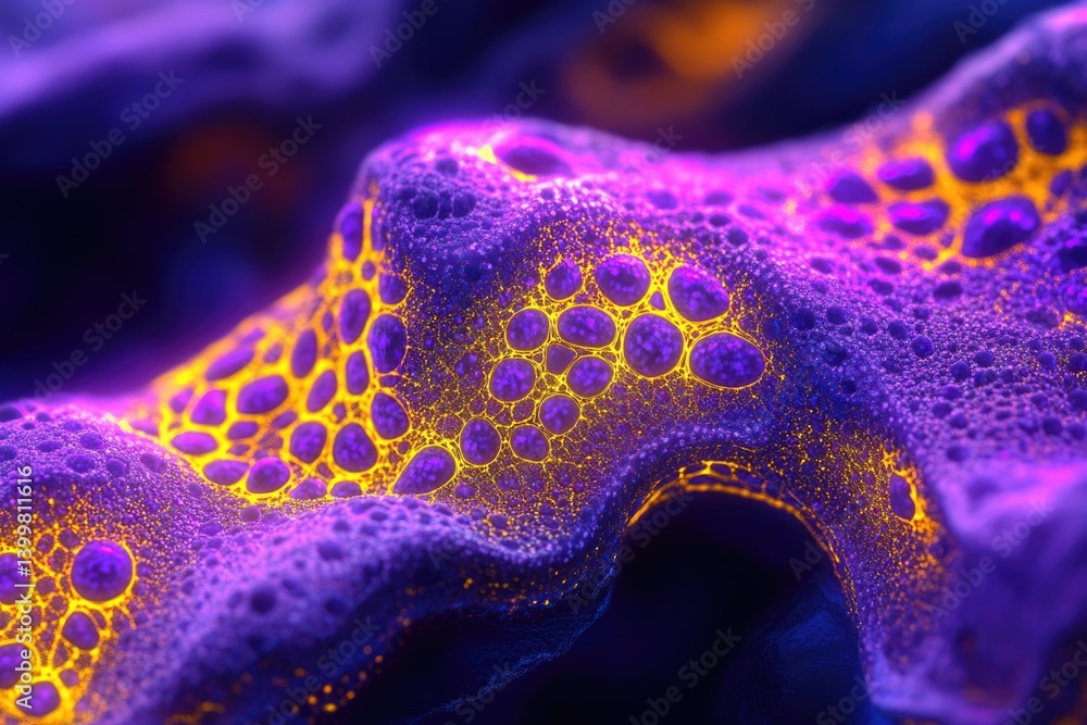 Poster abstract close-up of a vibrant purple and gold textured surface resembling a microscopic organism or