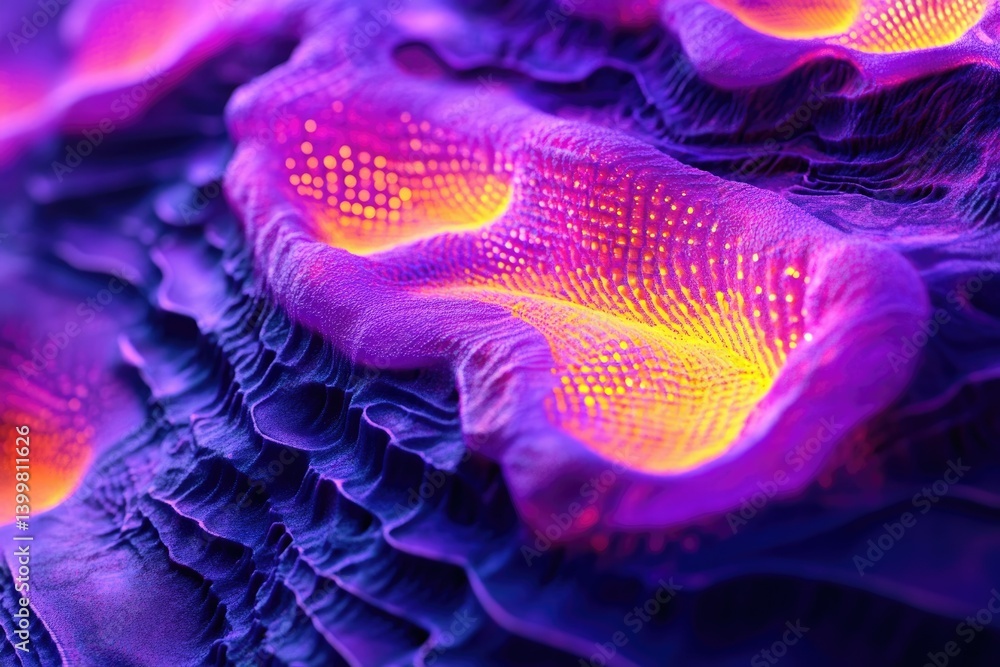 Poster Abstract 3D render of vibrant purple and yellow textured landscape, resembling alien terrain or microscopic structures.