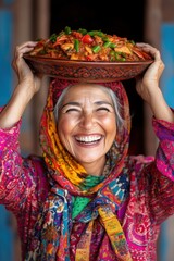 Fototapeta premium Joyful Moroccan Woman Laughing While Balancing Large Tagine on Head