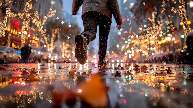 A person running through a wet city street at night