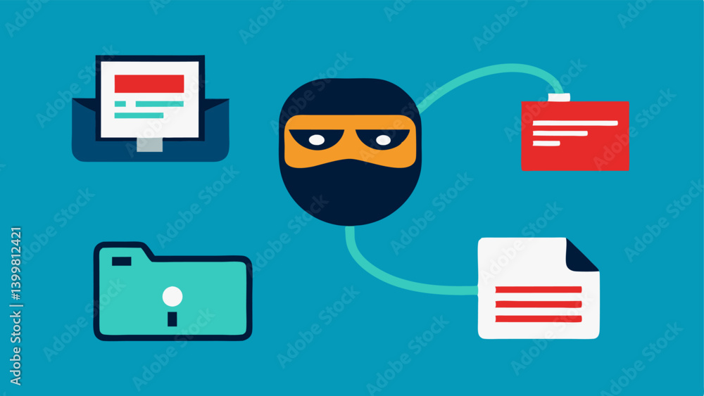 Poster masked data transmission icons of data like files and video being sent through a cable with a mask o