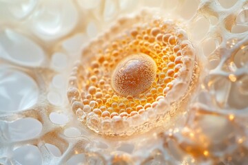 Microscopic view of a cellular structure, showing intricate details of organelles and membranes with golden hue.
