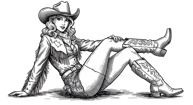 Cowgirl in Pen-and-Ink Illustration: Relaxed Pose, Western Attire AI Generated