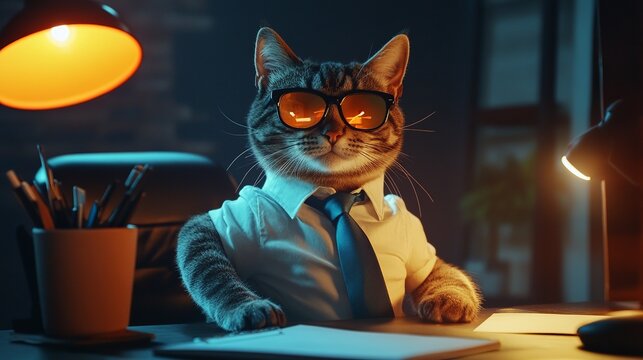 Funny cat wearing glasses and tie at desk working late night office job pet animal tabby kitten boss ceo