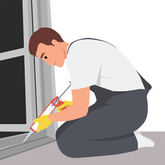 Man is kneeling while applying caulk along a window frame to ensure proper insulation. Caulking Gun. Flat vector illustration isolated on white background