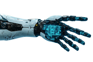 Futuristic sci-fi exoskeleton arm with glowing energy lines and high-tech mechanical design