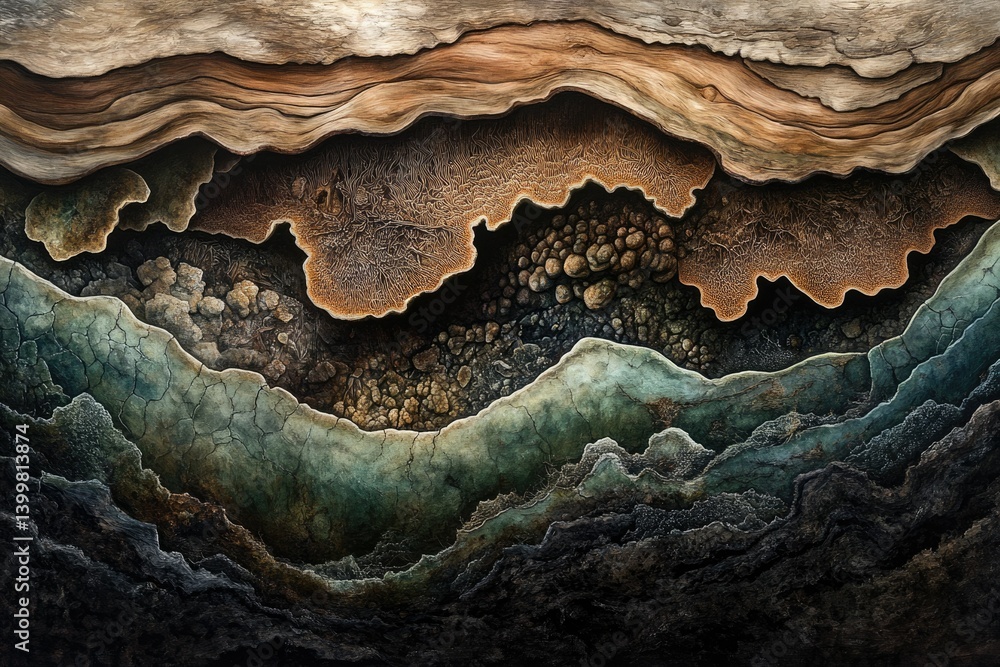 Aufkleber a mesmerizing abstract painting depicting a cross-section of earth, revealing intricate layers of te