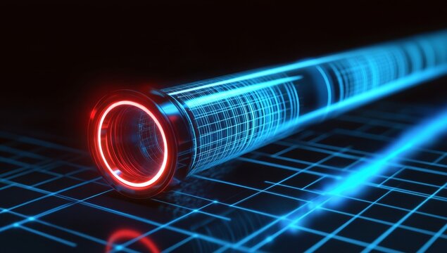 Futuristic energy pipeline, glowing with digital data streams.  A high-tech,  conduit, emitting vibrant neon light,  transmits data on a grid-like platform