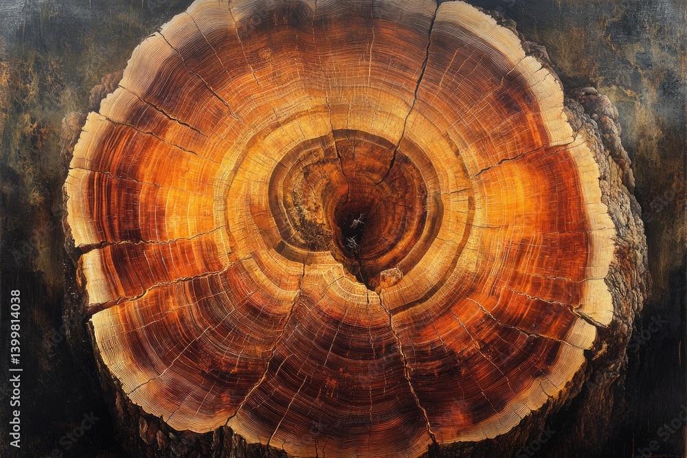 Poster a mesmerizing close-up of a tree's cross-section, revealing its rich, concentric rings and textured 