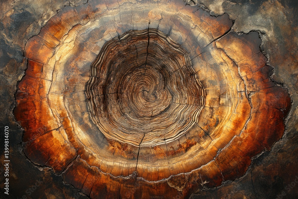 Poster A close-up view of a tree's cross-section, showcasing its intricate rings and textures.