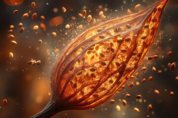 A backlit seed pod bursts open, releasing its seeds into the air, creating a magical, fleeting moment.