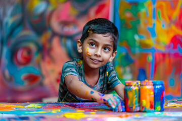 An Indian boy experimenting with different art mediums, reveling in the variety of colors, textures, and techniques available for creative expression.