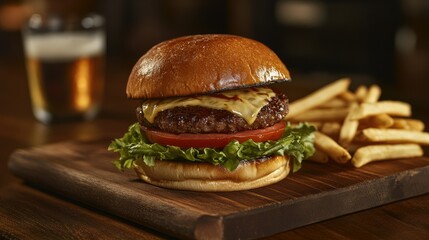 Close-up of a gourmet burger stacked with lettuce, tomato, cheese, and a juicy patty, served with fries on a wooden board