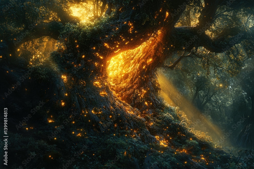 Poster ancient, glowing tree in a mystical forest, radiating warmth and magic.