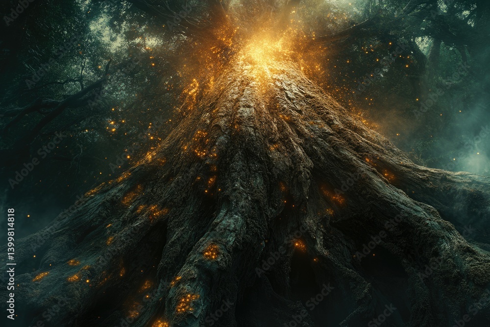 Poster ancient, glowing tree in a dark forest, magical and ethereal, light emanating from within.