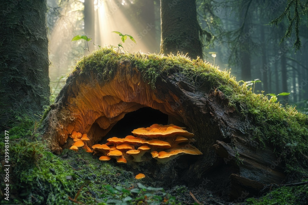 Poster Sunbeams illuminate a cluster of vibrant orange mushrooms thriving within a moss-covered log in a mystical forest.