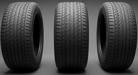 Obraz premium Tread Lightly: A 3D Tire Trio Dark Rubber Reflections Precision Engineered Tires Three Dimensional Tire Design Sculpted Shadows Deep Black AI Generated
