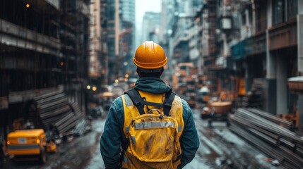 Construction worker surveys urban street building site