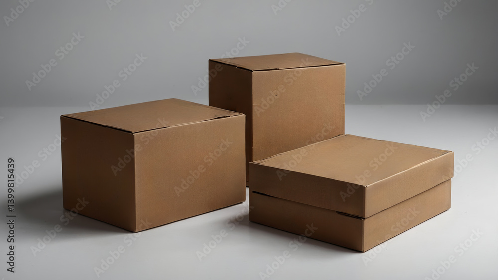 Poster brown cardboard boxes arranged on a neutral background in a minimalist setting