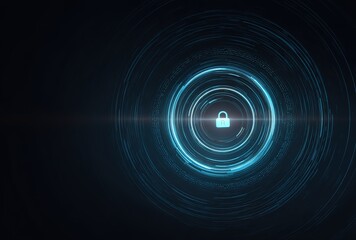 A glowing blue padlock centered within a luminous circular frame against a dark gradient background, cyberpunk-inspired digital art with metallic textures and neon accents