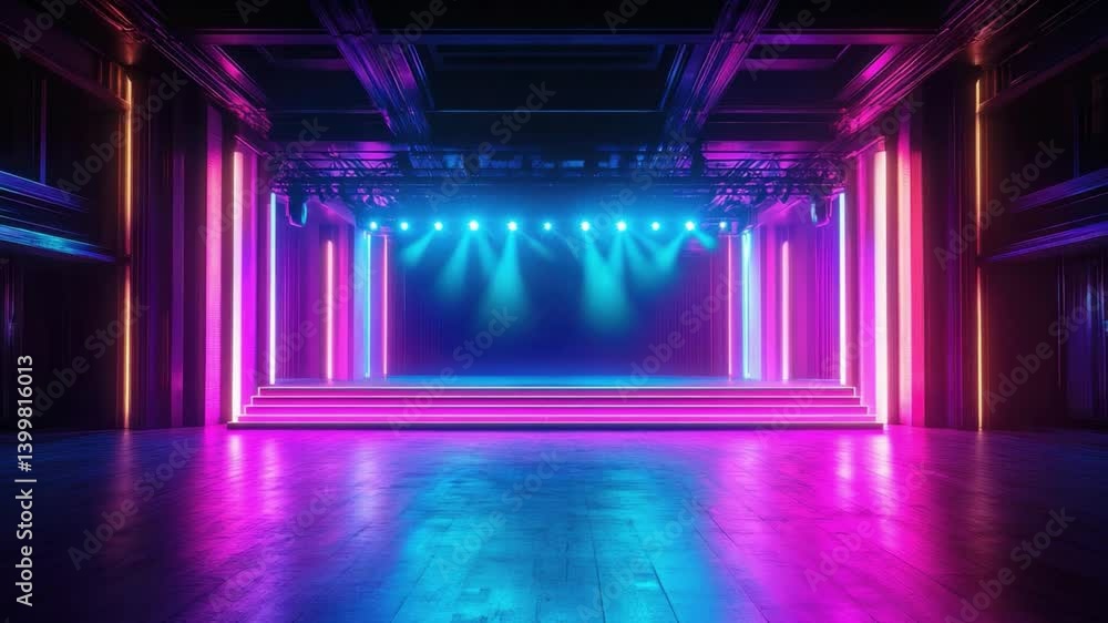 Poster stunning stage setup with vibrant neon lights and colorful illumination creating an energetic atmosp