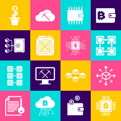 Set Processor chip with dollar, Distribution, Blockchain technology, Cryptocurrency wallet, ASIC Miner and Proof of stake icon. Vector