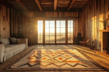 Fototapeta premium Rustic wooden cabin interior with large windows, sunlight streaming in, illuminating a patterned rug and comfortable furniture.