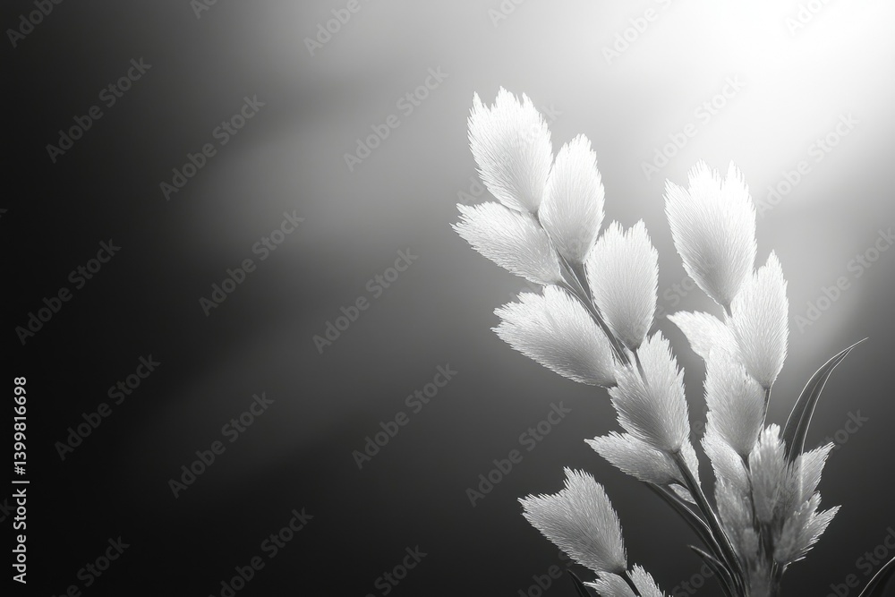 Poster monochromatic image of delicate, feathery flowers backlit by sunlight, creating a serene and elegant