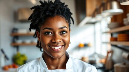 Obraz premium African american chef woman preparing food in a professional kitchen.