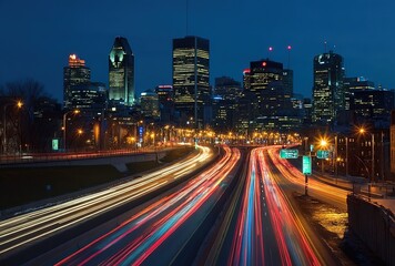 Fototapeta premium Wide-angle dusk cityscape with light trails from vehicles on a highway in the foreground, illuminated skyscrapers under a gradient sunset sky blending orange and indigo hues