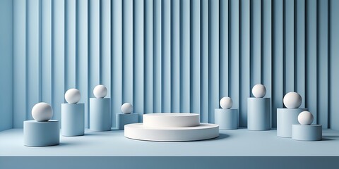 Minimal abstract scene with geometric podiums and spheres in a monochrome blue setting, perfect for product display, modern branding, and clean design backgrounds

