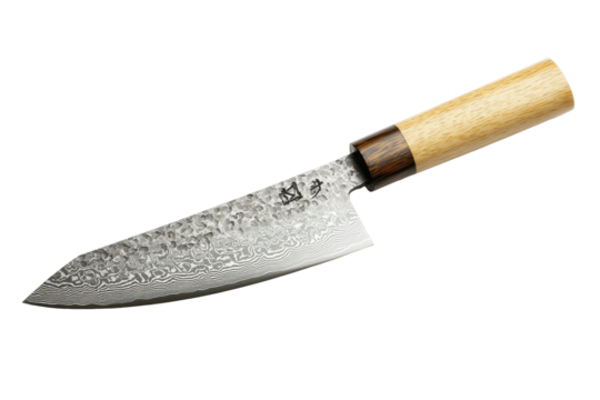 Isolated Damascus Steel Kitchen Knife with Wooden Handle