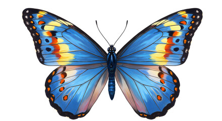Obraz premium Magnificent Blue Morpho butterfly (Morpho peleides) with wings wide open, showcasing its brilliant iridescent blue color, isolated on white.