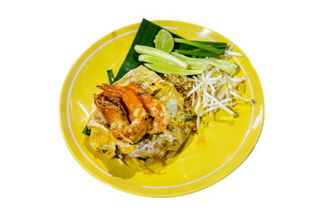 Top view of Prawn Pad Thai in yellow dish, focus selective