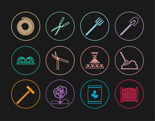 Set line Garden fence, Shovel in the ground, pitchfork, Gardening handmade scissor, Automatic irrigation sprinklers, hose fire hose, and icon. Vector