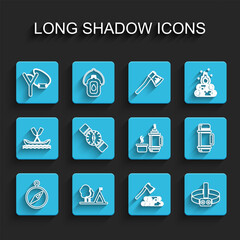 Set line Compass, Tourist tent with flag, Slingshot, Wooden axe and wood, Head flashlight, Thermos container and icon. Vector