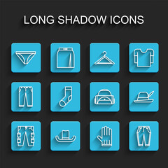 Set line Cargo pants, Man hat, Men underpants, Leather glove, Pants, Socks, Oktoberfest and Sport bag icon. Vector