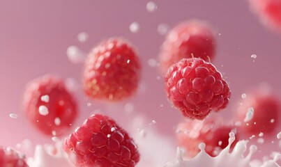 Blurry raspberries fall into cream and splashes fly from it, Generative AI