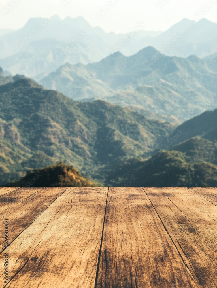 Aufkleber serene mountain vista backdrop with rustic wooden planks creating a natural and inviting atmosphere 