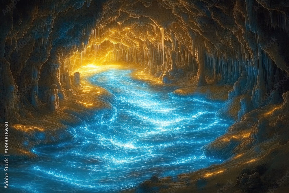 Poster Glowing subterranean river flows through a mystical cave, illuminated by an ethereal light.