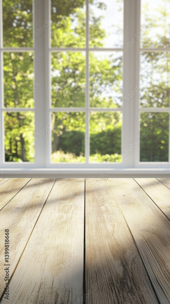 Poster wooden planks surface with blurred window view of green trees creating a serene and bright interior 
