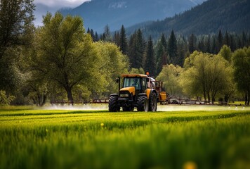 A realistic scene of a green tractor spraying pesticides on a vast green field, surrounded by dense forests and mountains under soft natural lighting