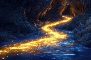 Glowing river of gold meanders through a dark, mystical cave, illuminating the path.